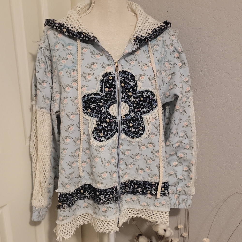 POL Blue Crochet Zip Up Jacket NWOT